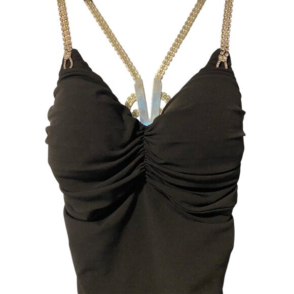 Cache Bodycon Ruched Mini Dress US 2 Black Open Back Rhinestone Party Black Tie - Picture 6 of 11